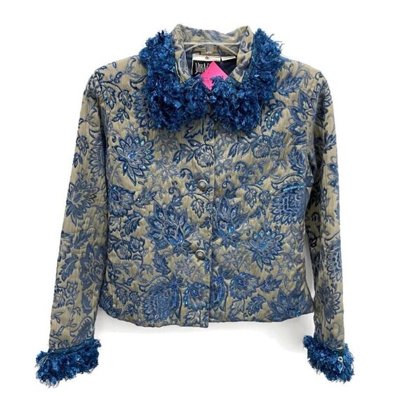 YakMagik Taupe & Blue Beaded Floral Print Jacket - Picture 1 of 3